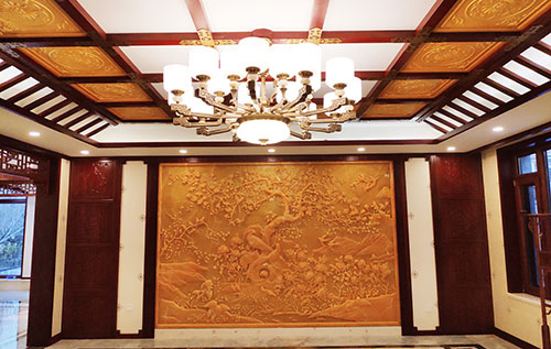 华池中式别墅客厅中式木作横梁吊顶装饰展示